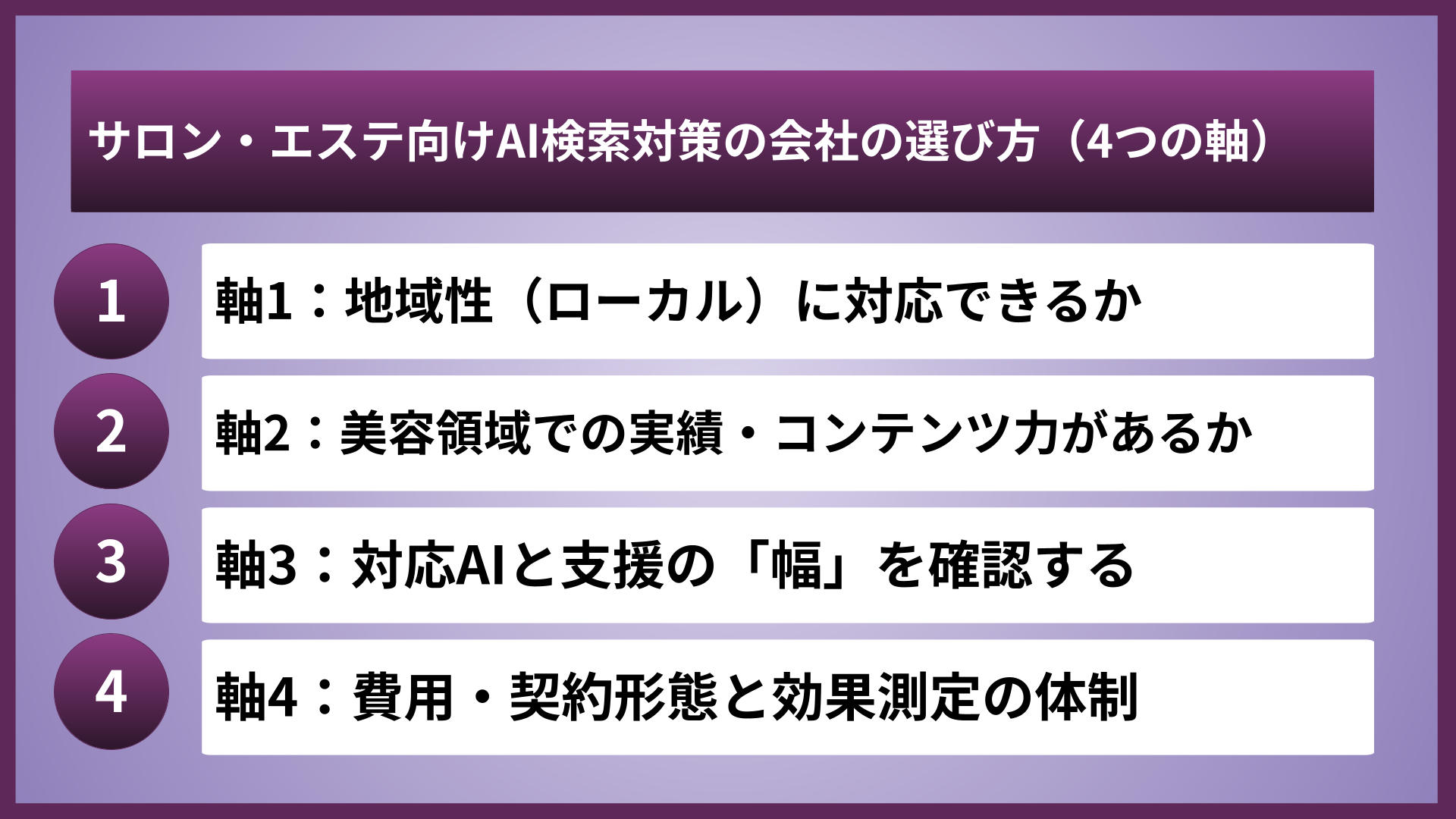 サロン・エステ向けAI検索対策の会社の選び方（4つの軸）
