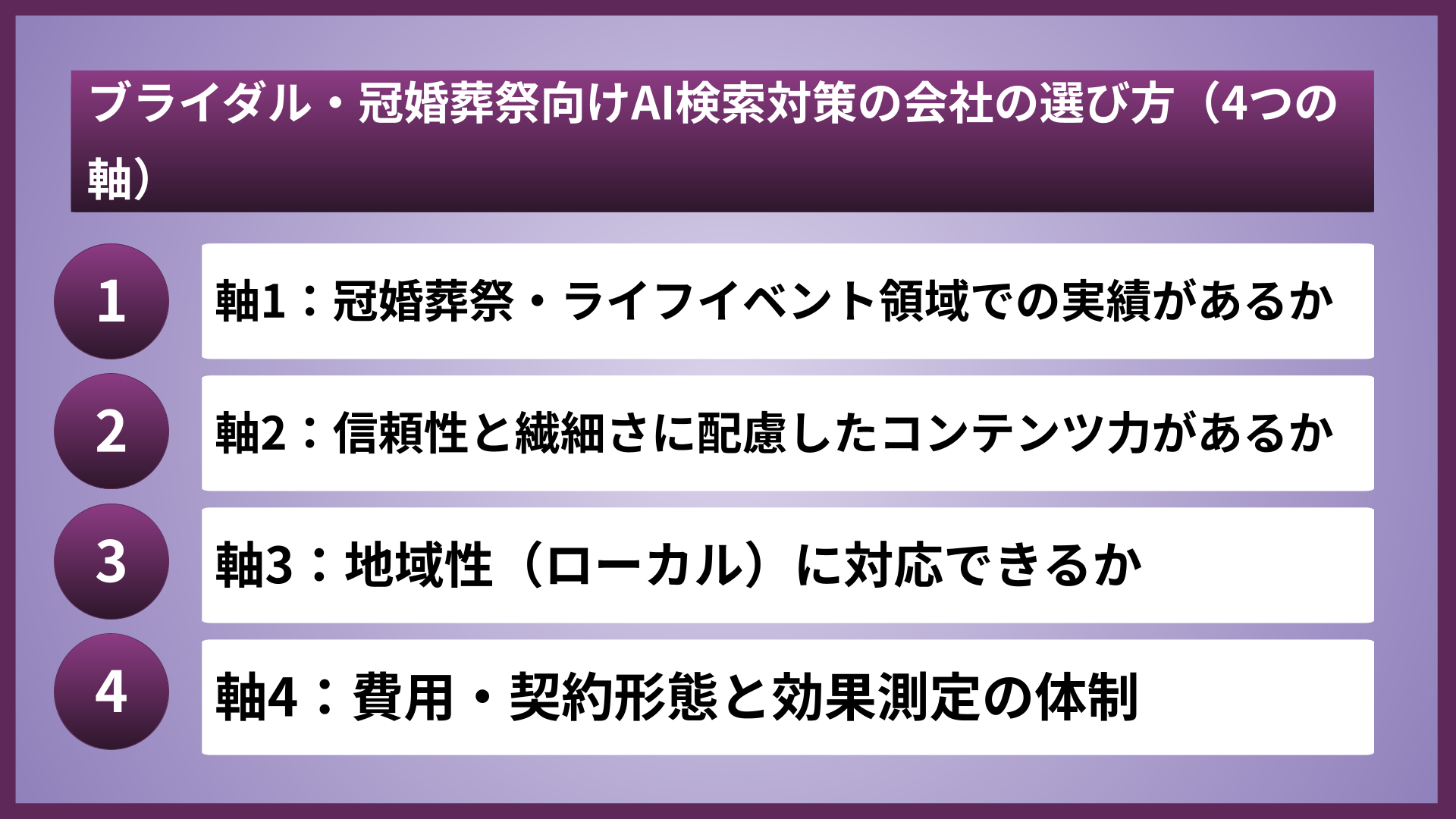 ブライダル・冠婚葬祭向けAI検索対策の会社の選び方（4つの軸）