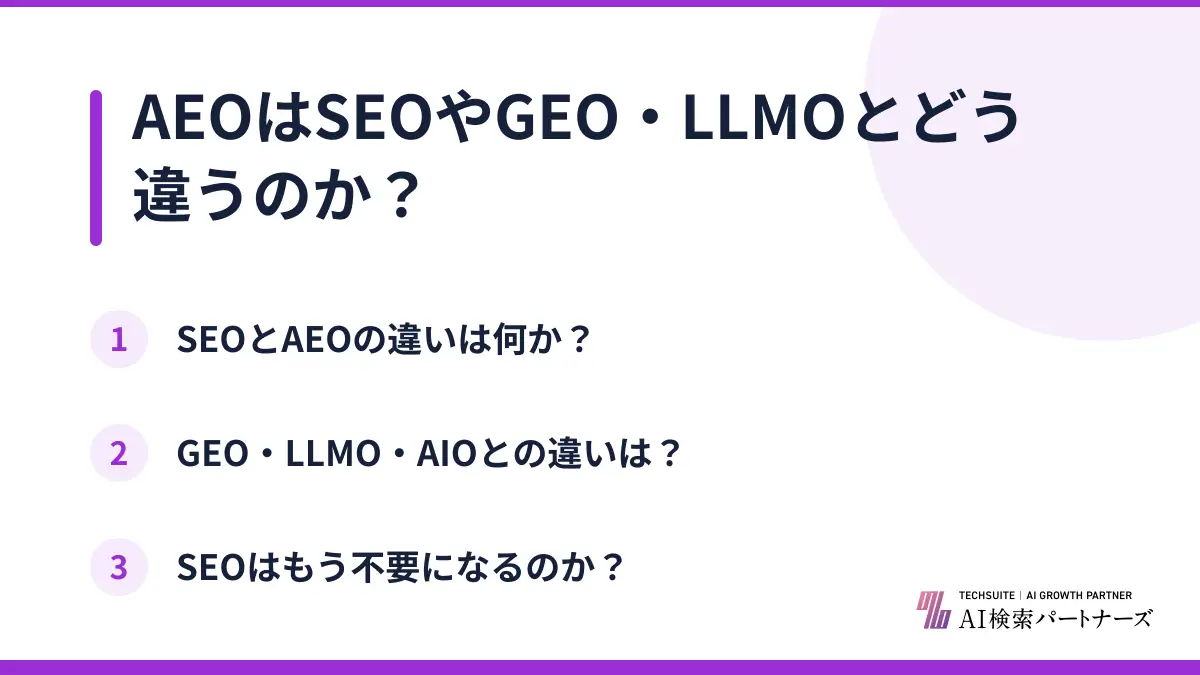 AEOはSEOやGEO・LLMOとどう違うのか？