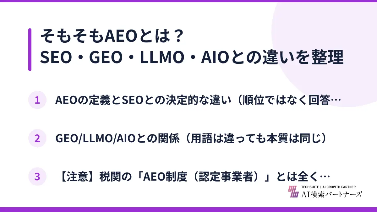 そもそもAEOとは？SEO・GEO・LLMO・AIOとの違いを整理