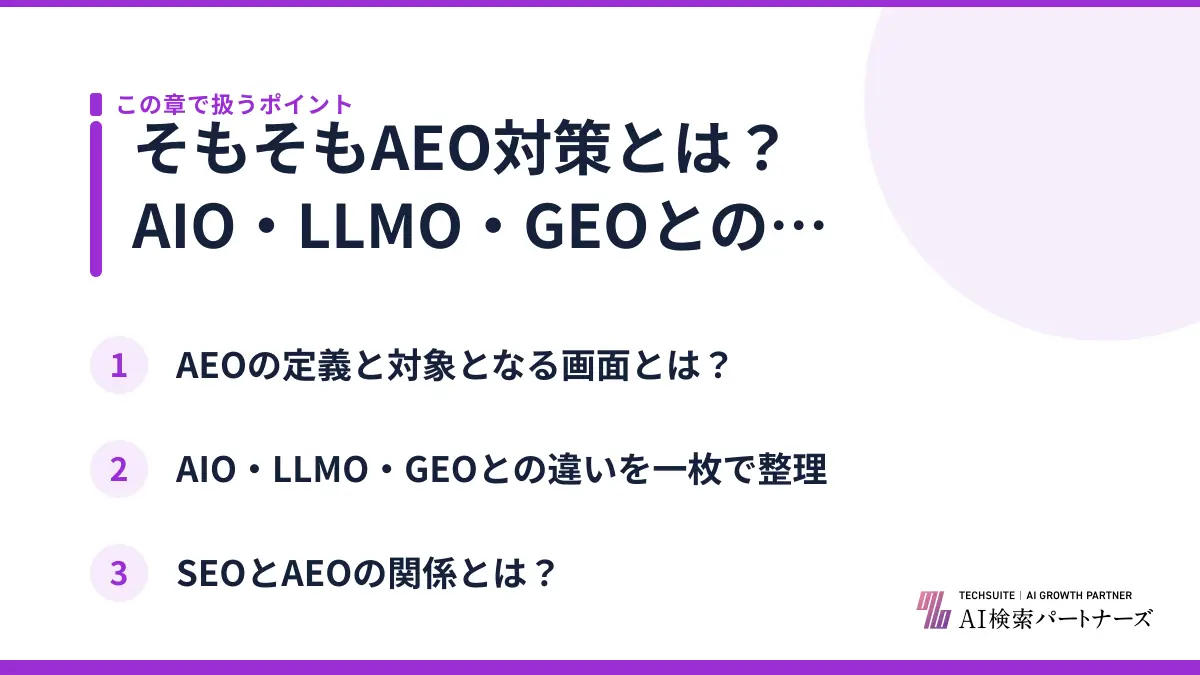 そもそもAEO対策とは？AIO・LLMO・GEOとの違い