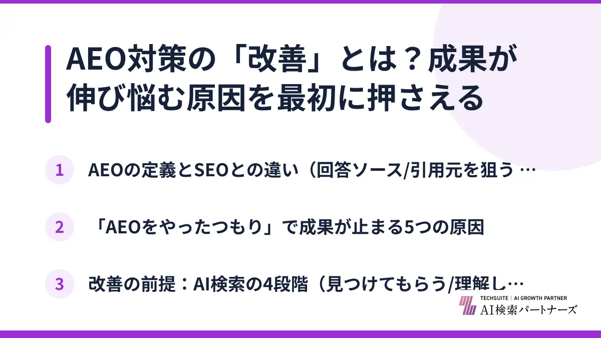 AEO対策の「改善」とは？成果が伸び悩む原因を最初に押さえる