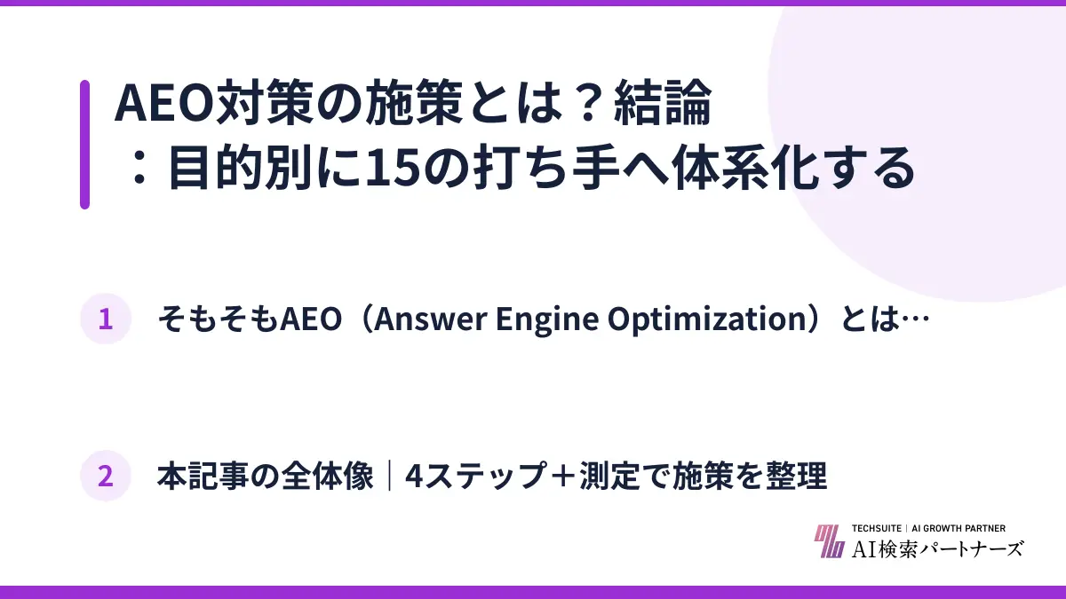 AEO対策の施策とは？結論：目的別に15の打ち手へ体系化する
