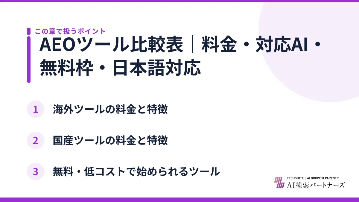 AEOツール比較表｜料金・対応AI・無料枠・日本語対応