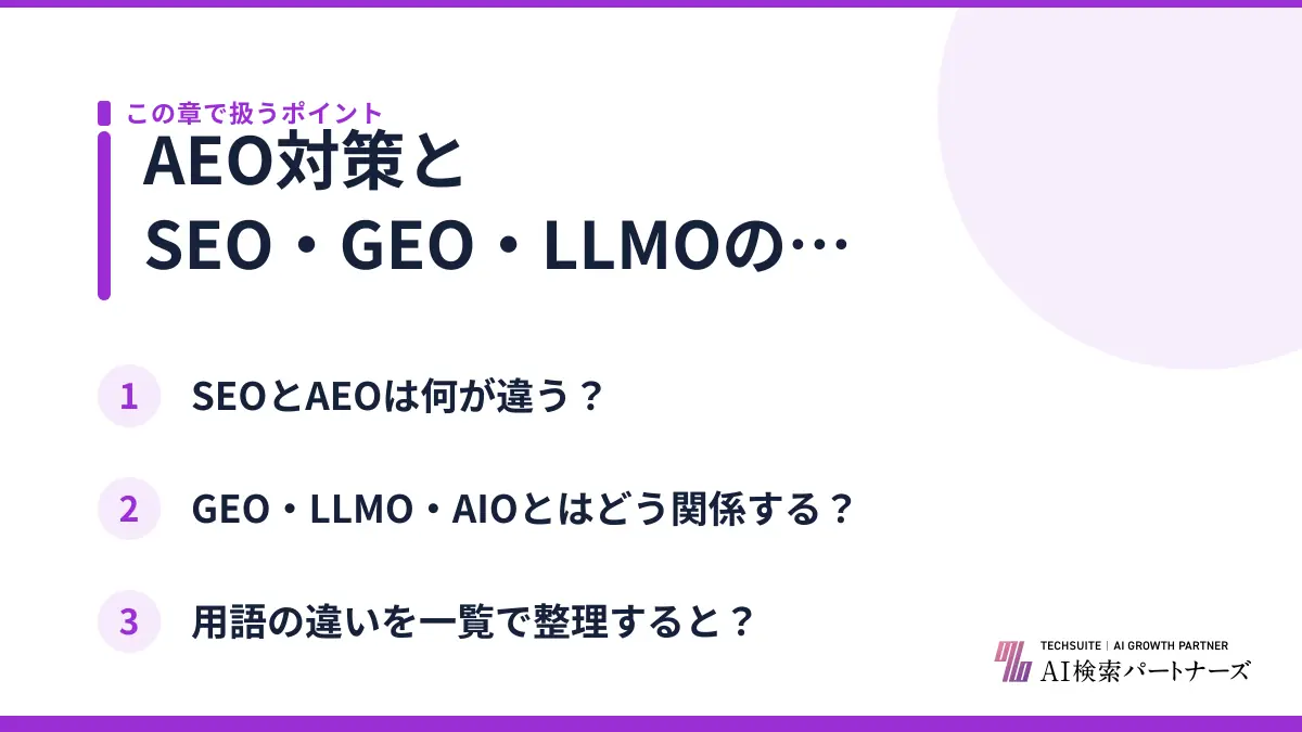 AEO対策とSEO・GEO・LLMOの違いは？