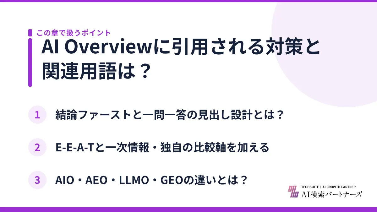 AI Overviewに引用される対策と関連用語は?