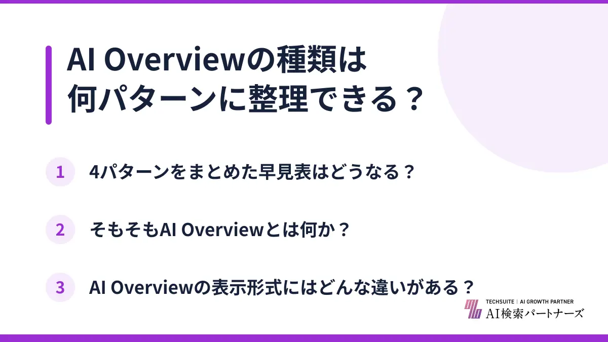 AI Overviewの種類は何パターンに整理できる？