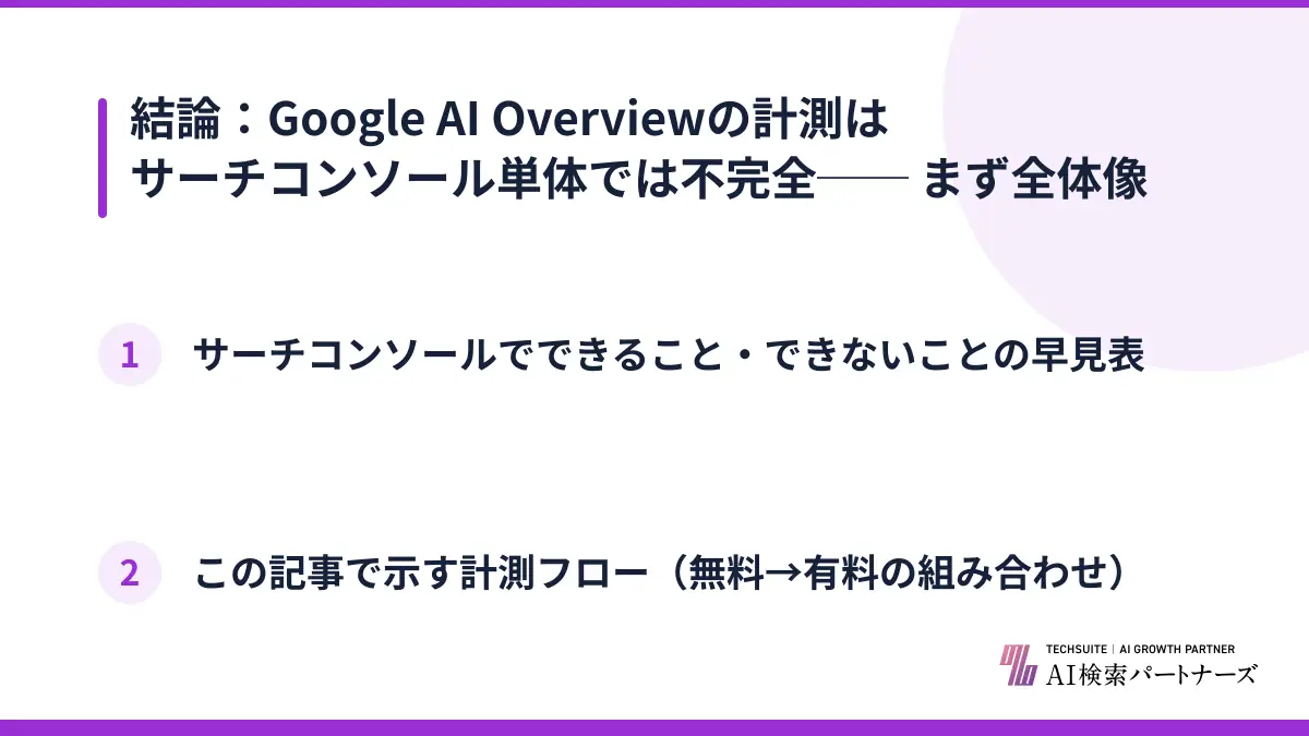 結論：Google AI Overviewの計測はサーチコンソール単体では不完全── まず全体像