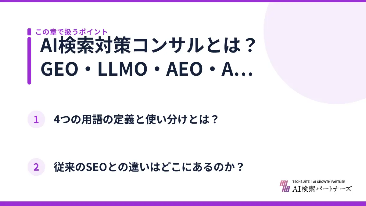 AI検索対策コンサルとは？GEO・LLMO・AEO・AIOの違いを結論から