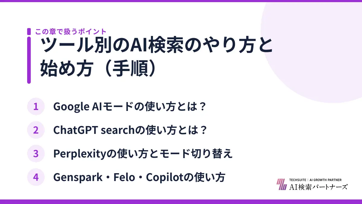 ツール別のAI検索のやり方と始め方（手順）