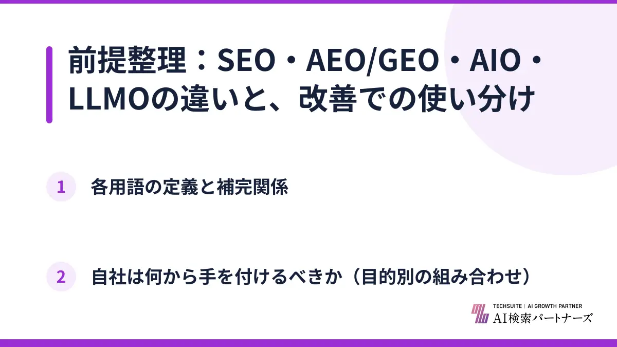 前提整理：SEO・AEO/GEO・AIO・LLMOの違いと、改善での使い分け
