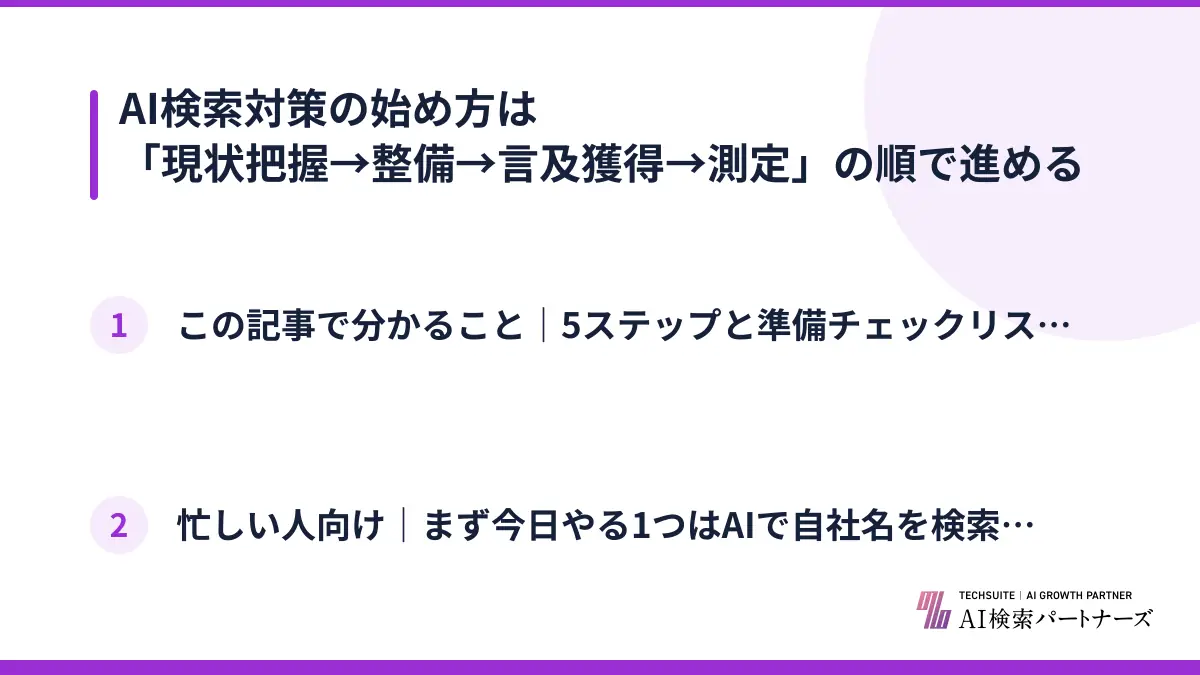 AI検索対策の始め方は「現状把握→整備→言及獲得→測定」の順で進める