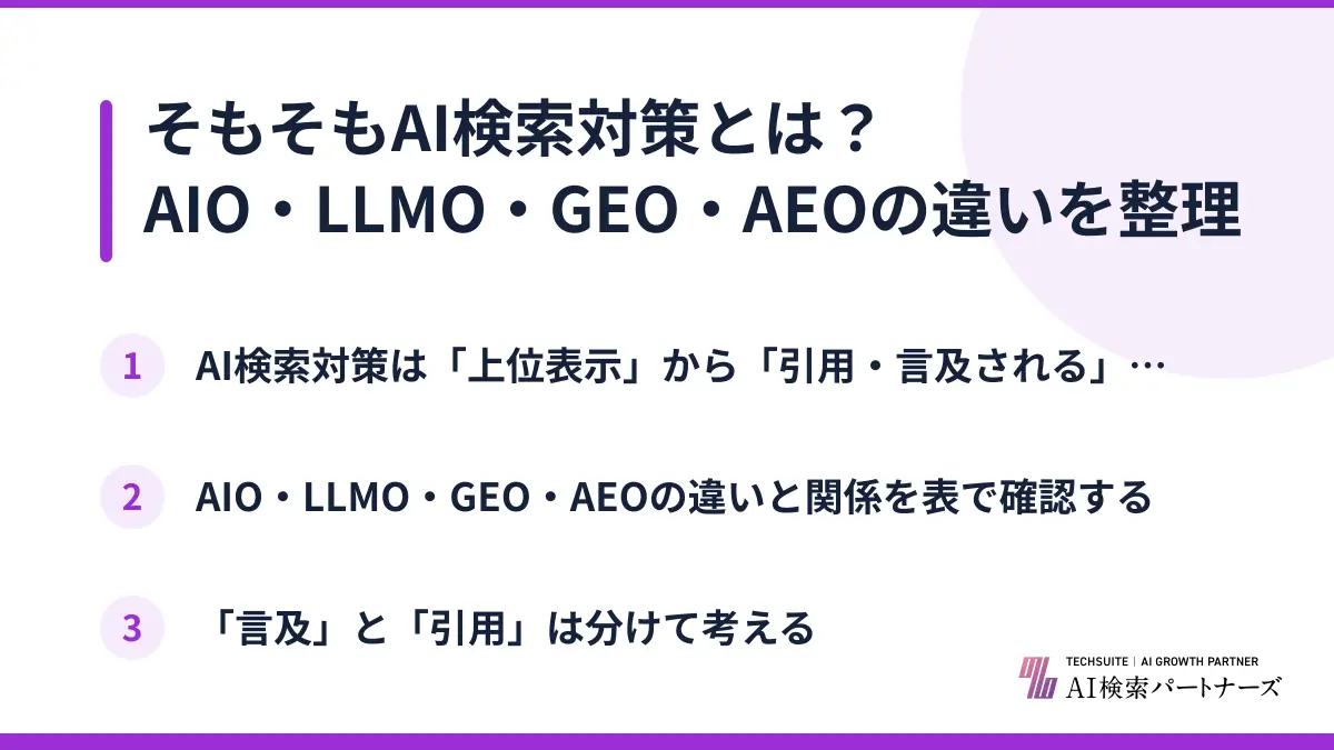 そもそもAI検索対策とは？AIO・LLMO・GEO・AEOの違いを整理