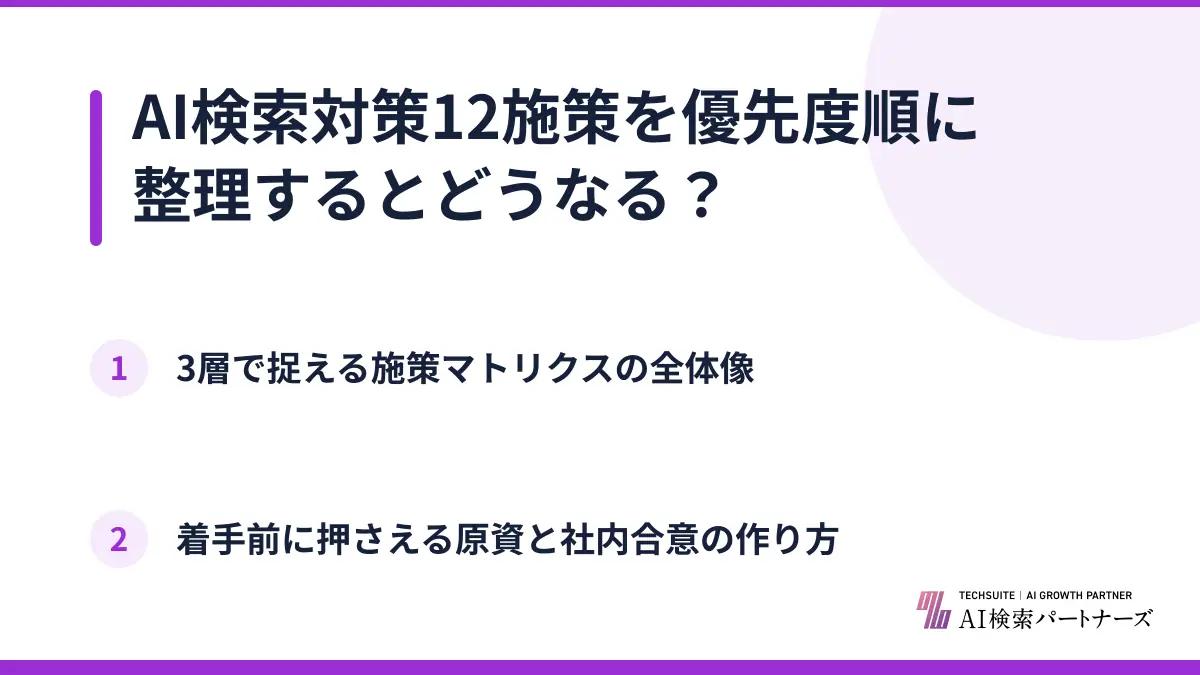 AI検索対策12施策を優先度順に整理するとどうなる？