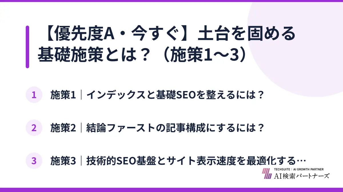 【優先度A・今すぐ】土台を固める基礎施策とは？（施策1〜3）