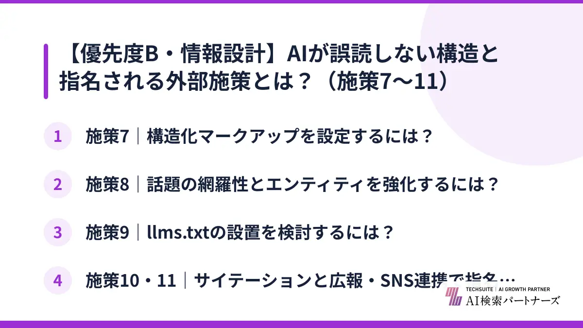 【優先度B・情報設計】AIが誤読しない構造と指名される外部施策とは？（施策7〜11）
