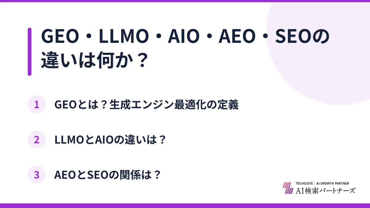 GEO・LLMO・AIO・AEO・SEOの違いは何か？