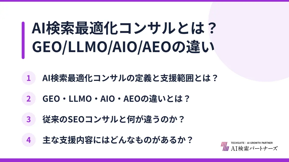 AI検索最適化コンサルとは?GEO/LLMO/AIO/AEOの違い