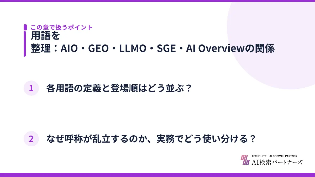 用語を整理：AIO・GEO・LLMO・SGE・AI Overviewの関係