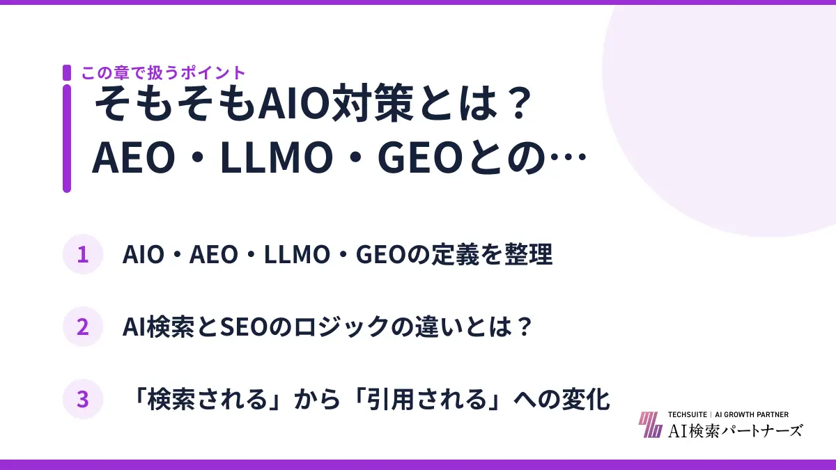 そもそもAIO対策とは?AEO・LLMO・GEOとの違い