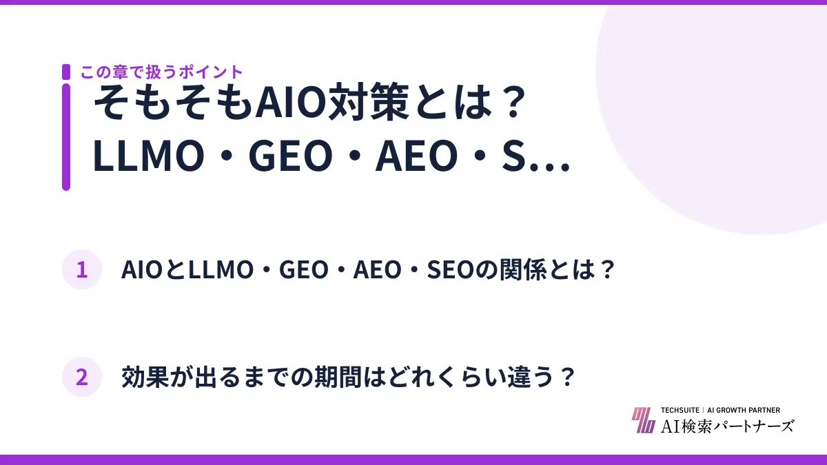 そもそもAIO対策とは？LLMO・GEO・AEO・SEOとの違い