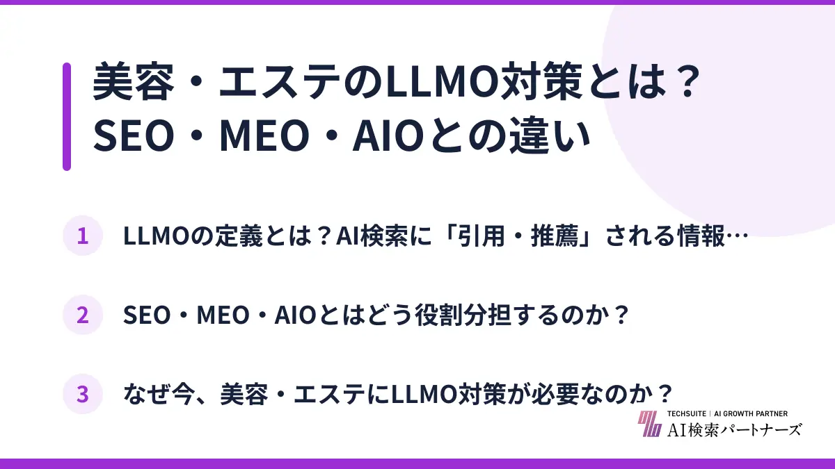 美容・エステのLLMO対策とは？SEO・MEO・AIOとの違い