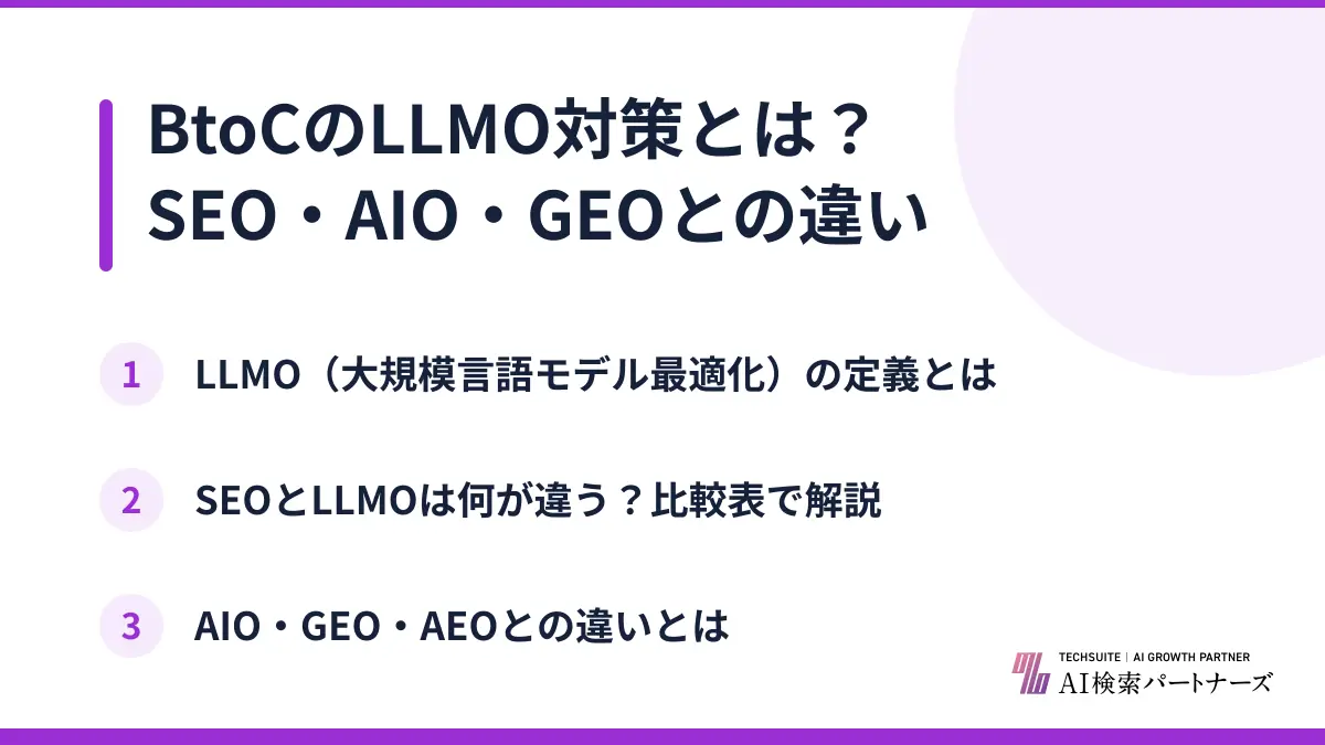 BtoCのLLMO対策とは？SEO・AIO・GEOとの違い