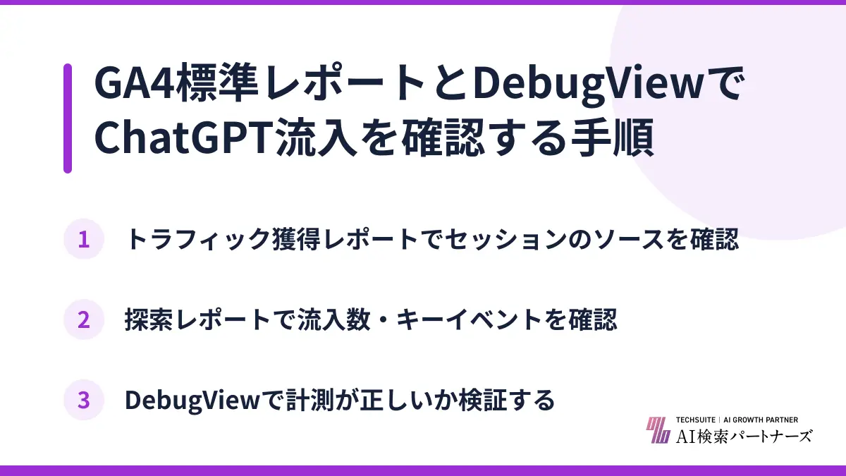 GA4標準レポートとDebugViewでChatGPT流入を確認する手順