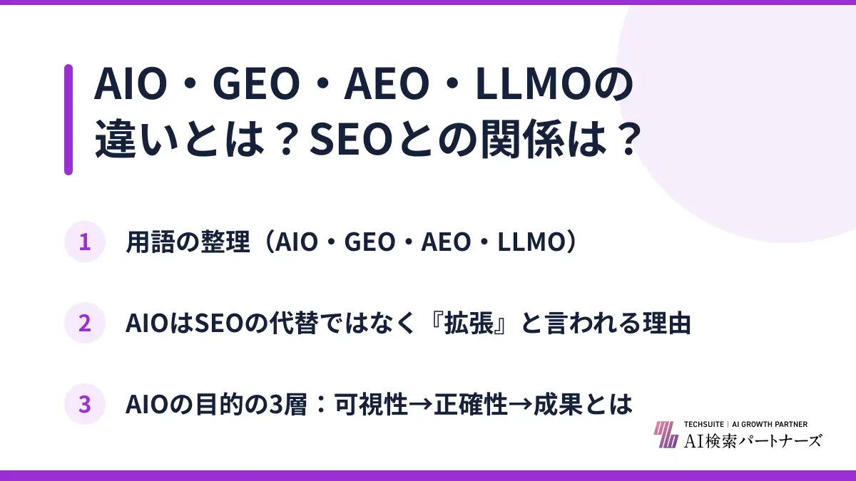 AIO・GEO・AEO・LLMOの違いとは？SEOとの関係は？