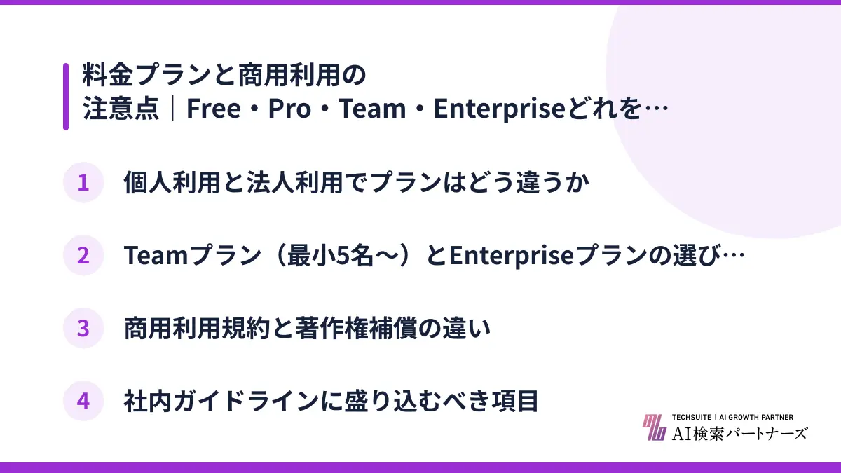 料金プランと商用利用の注意点｜Free・Pro・Team・Enterpriseどれを選ぶ？