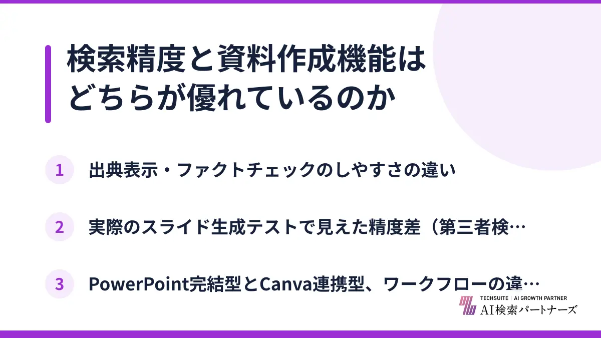 検索精度と資料作成機能はどちらが優れているのか