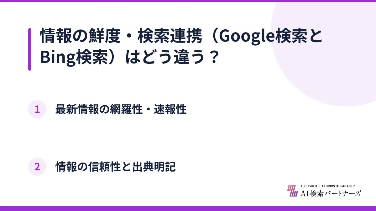 情報の鮮度・検索連携（Google検索とBing検索）はどう違う？