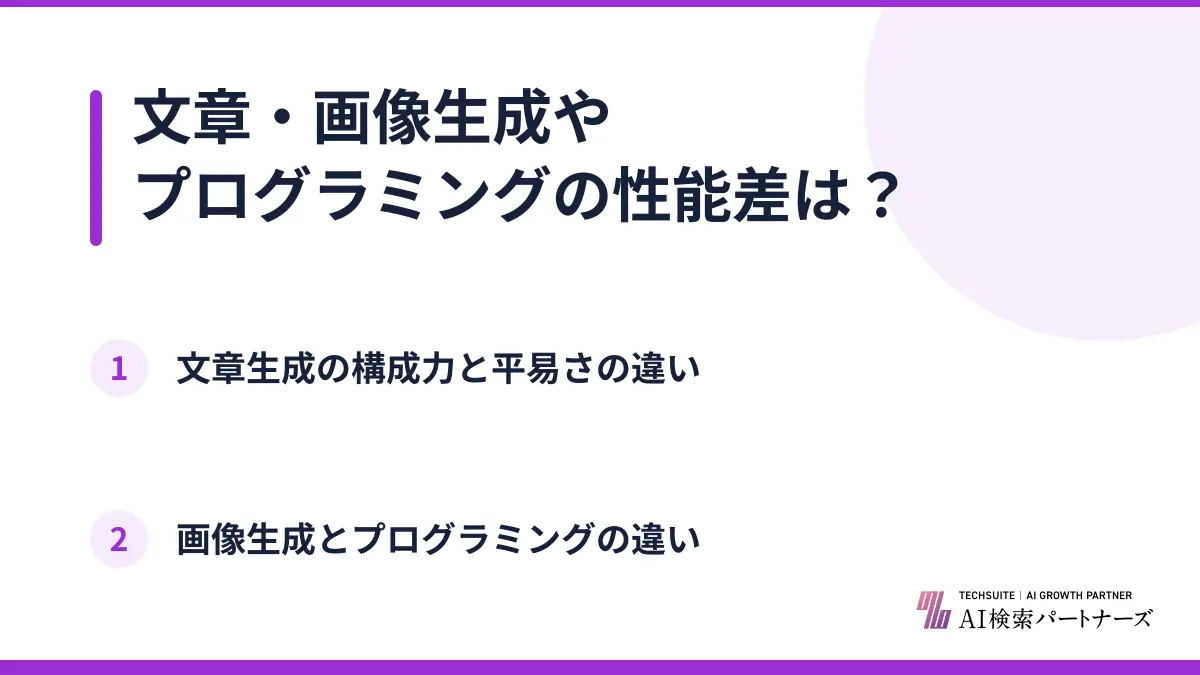文章・画像生成やプログラミングの性能差は？