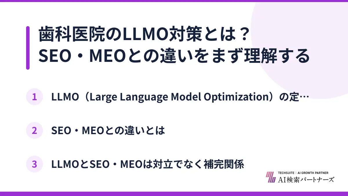 歯科医院のLLMO対策とは？SEO・MEOとの違いをまず理解する
