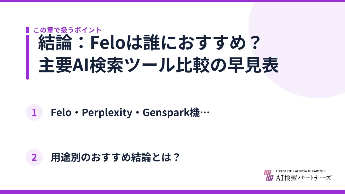 結論：Feloは誰におすすめ？主要AI検索ツール比較の早見表