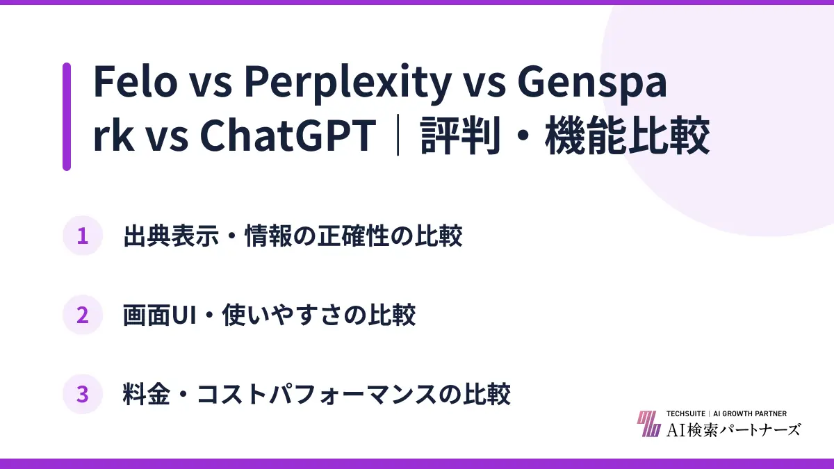Felo vs Perplexity vs Genspark vs ChatGPT｜評判・機能比較