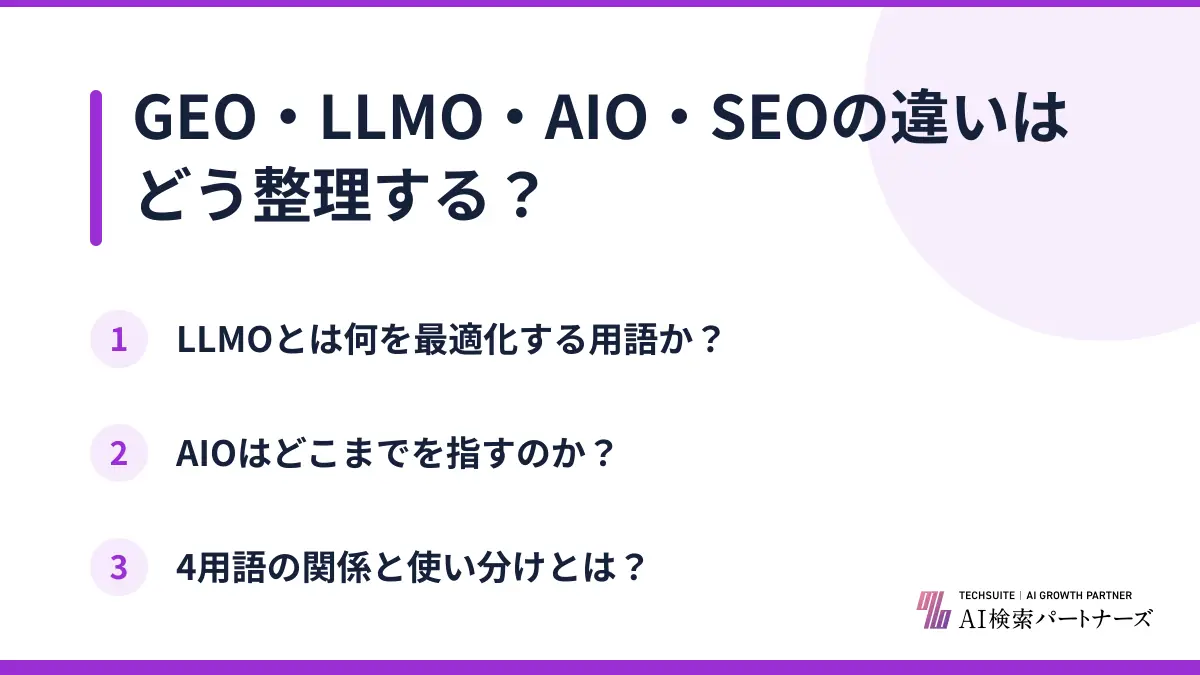 GEO・LLMO・AIO・SEOの違いはどう整理する？