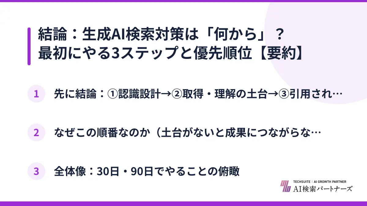 結論：生成AI検索対策は「何から」？最初にやる3ステップと優先順位【要約】