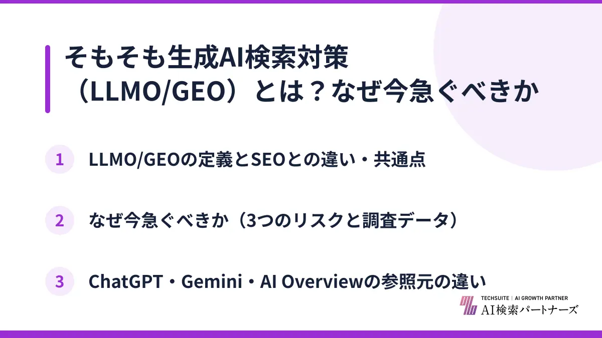 そもそも生成AI検索対策（LLMO/GEO）とは？なぜ今急ぐべきか