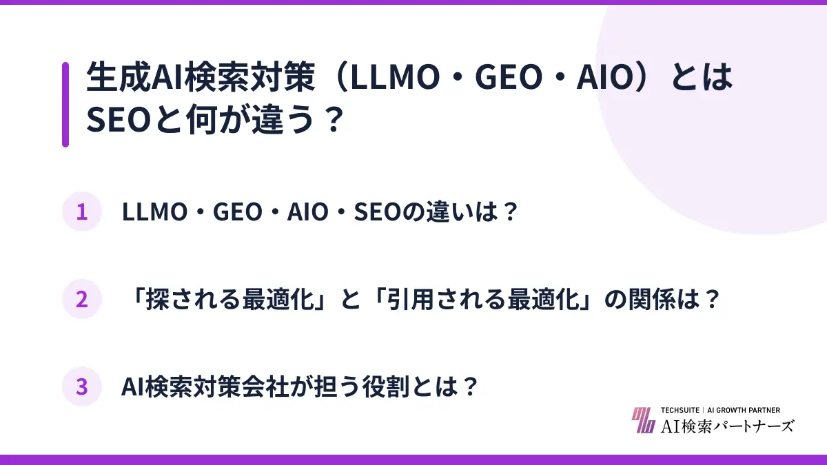 生成AI検索対策（LLMO・GEO・AIO）とはSEOと何が違う？