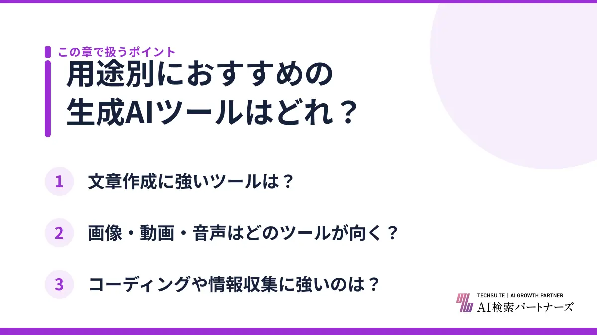 用途別におすすめの生成AIツールはどれ？