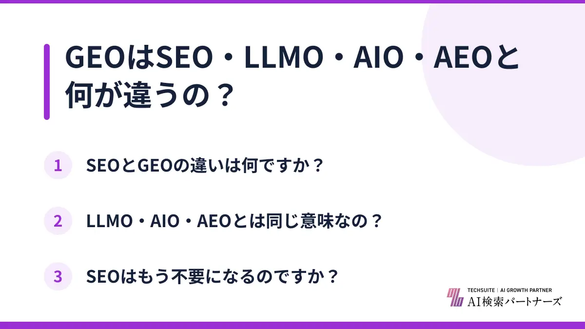 GEOはSEO・LLMO・AIO・AEOと何が違うの？
