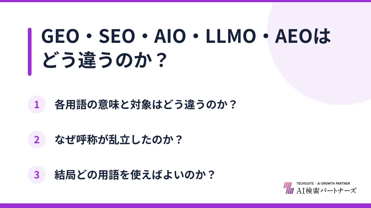 GEO・SEO・AIO・LLMO・AEOはどう違うのか？