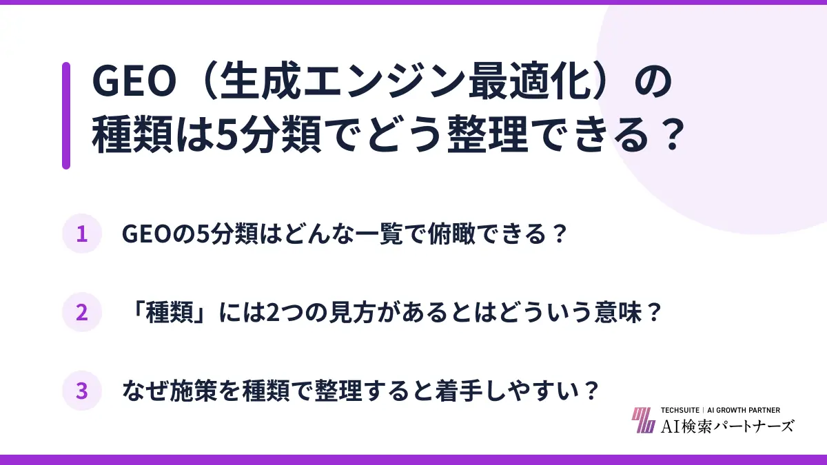 GEO（生成エンジン最適化）の種類は5分類でどう整理できる？