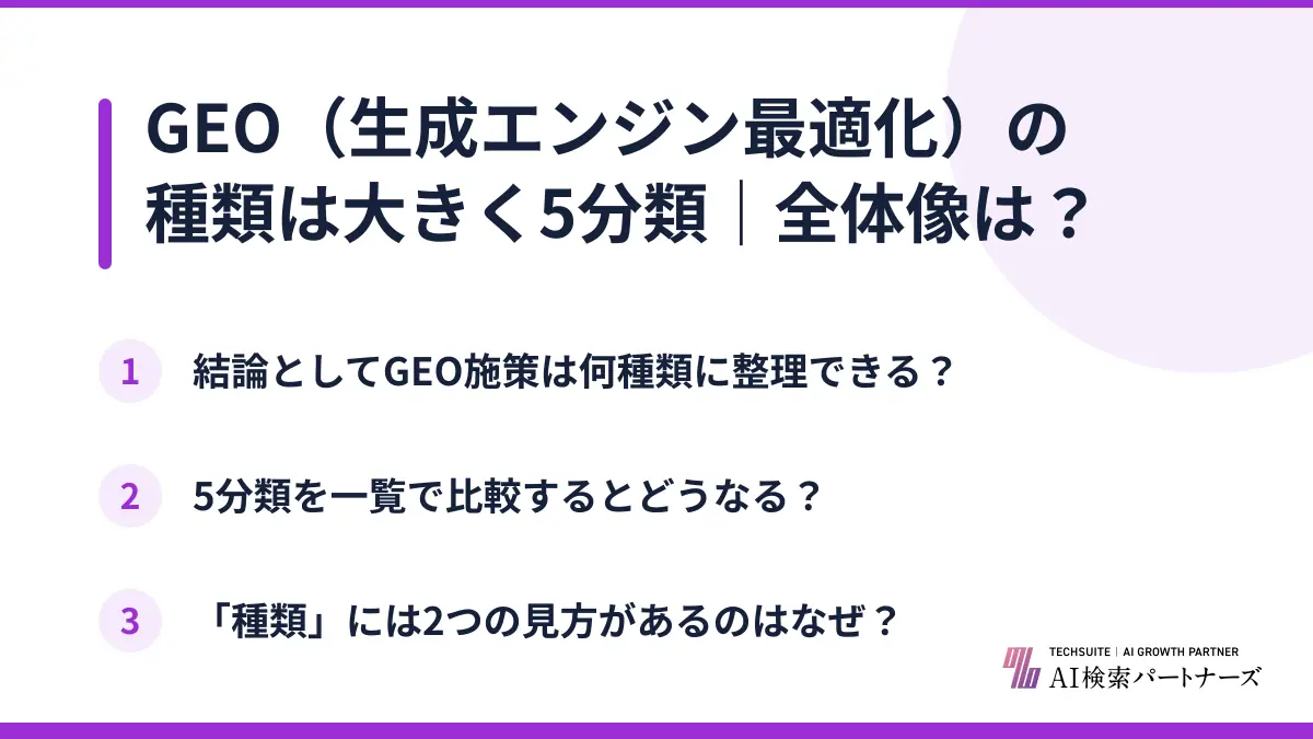 GEO(生成エンジン最適化)の種類は大きく5分類|全体像は?