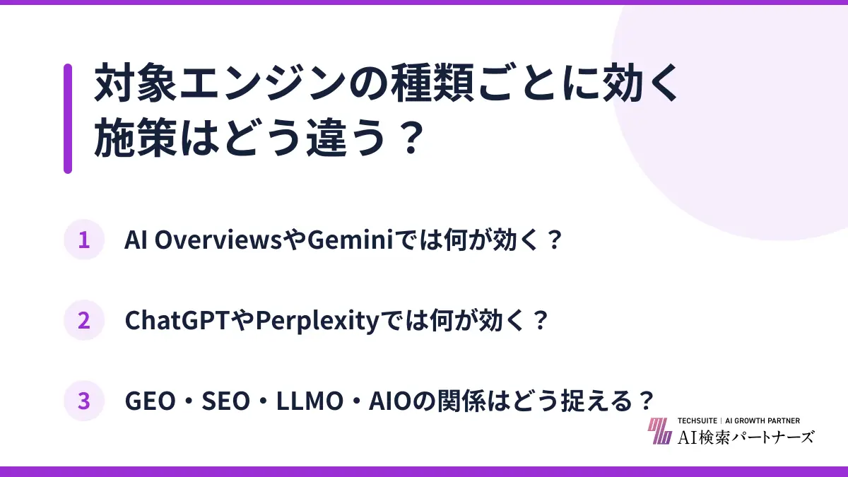 対象エンジンの種類ごとに効く施策はどう違う？