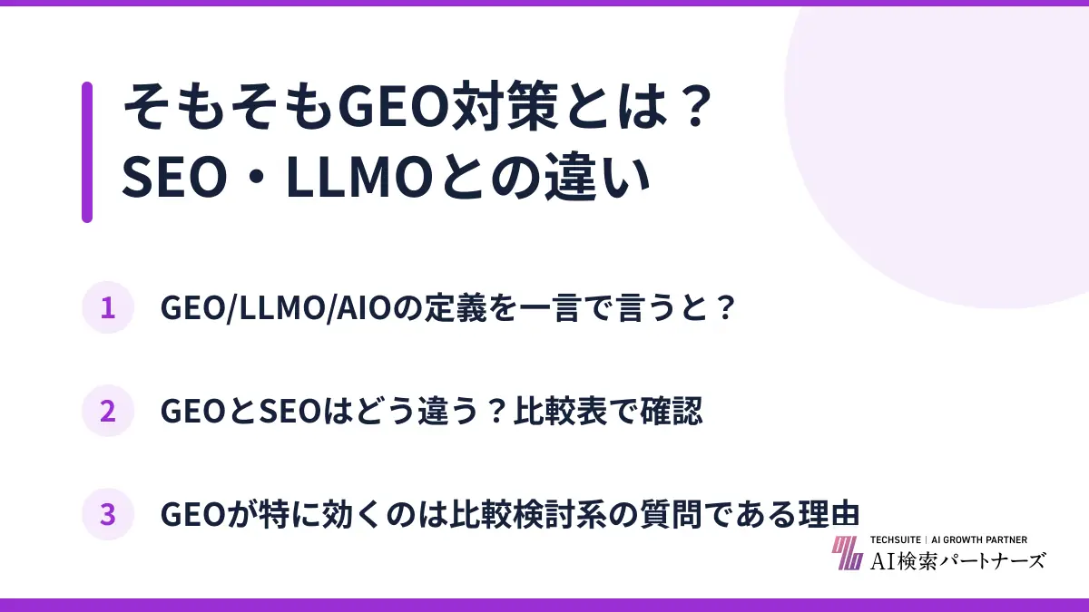 そもそもGEO対策とは？SEO・LLMOとの違い