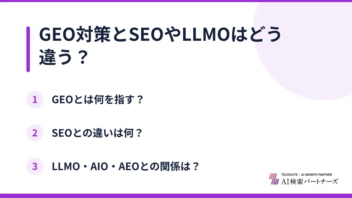 GEO対策とSEOやLLMOはどう違う？