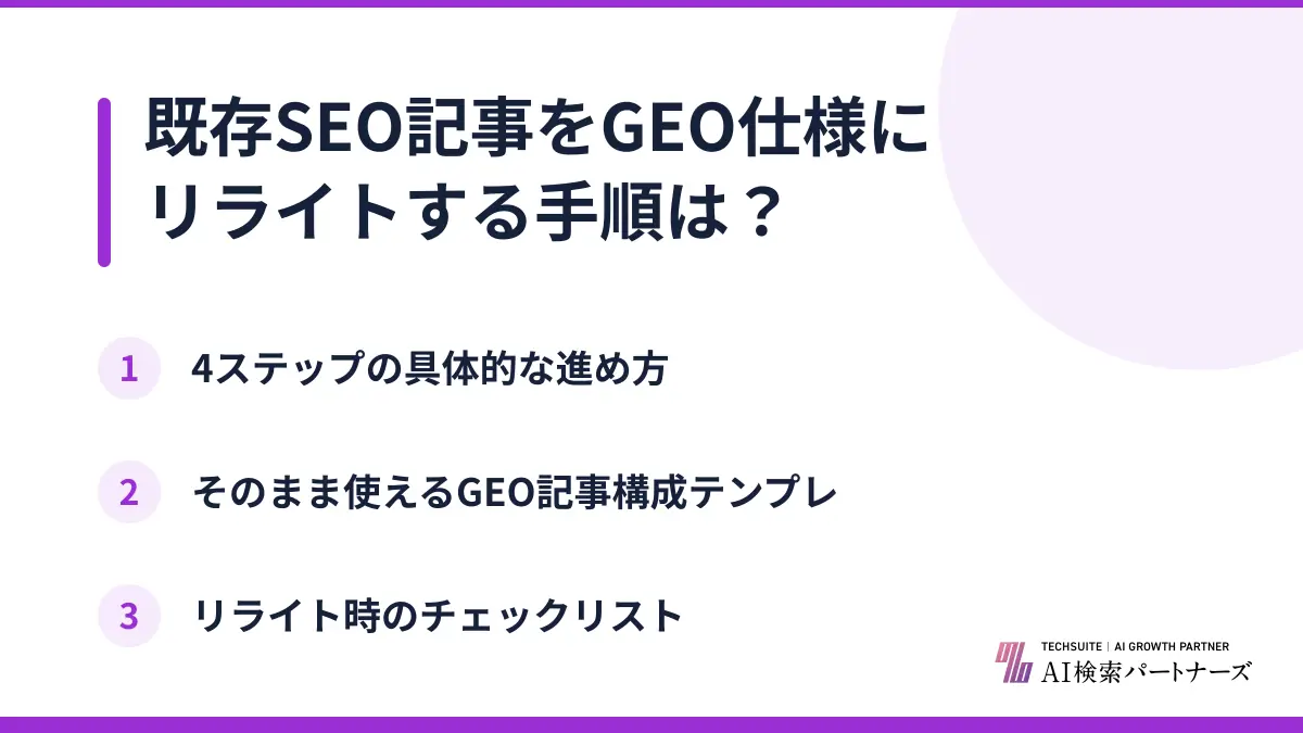 既存SEO記事をGEO仕様にリライトする手順は?
