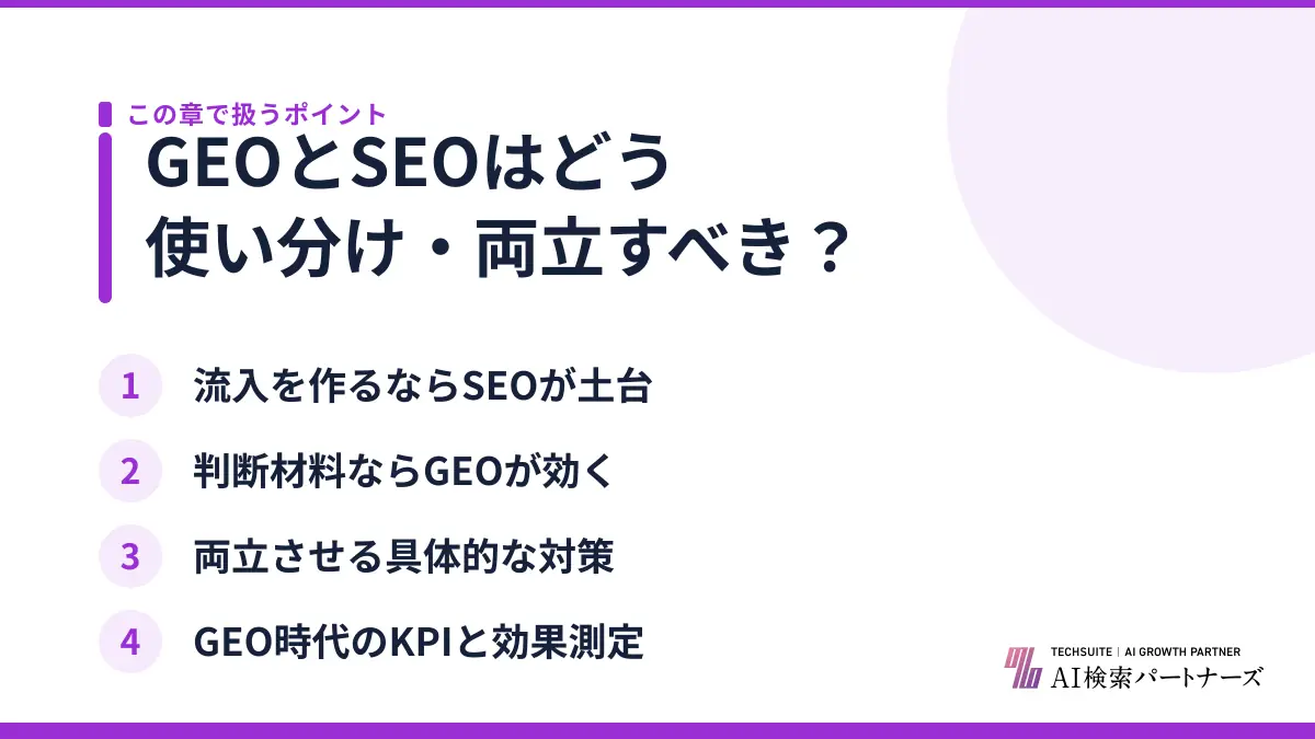 GEOとSEOはどう使い分け・両立すべき？